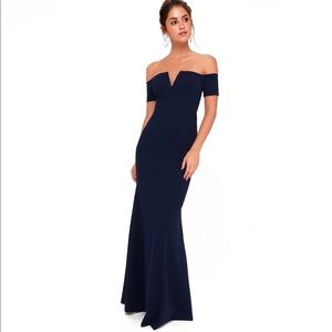 Lulu's.  Lynne Navy Blue Off-the-Shoulder Maxi Dress. Size L.